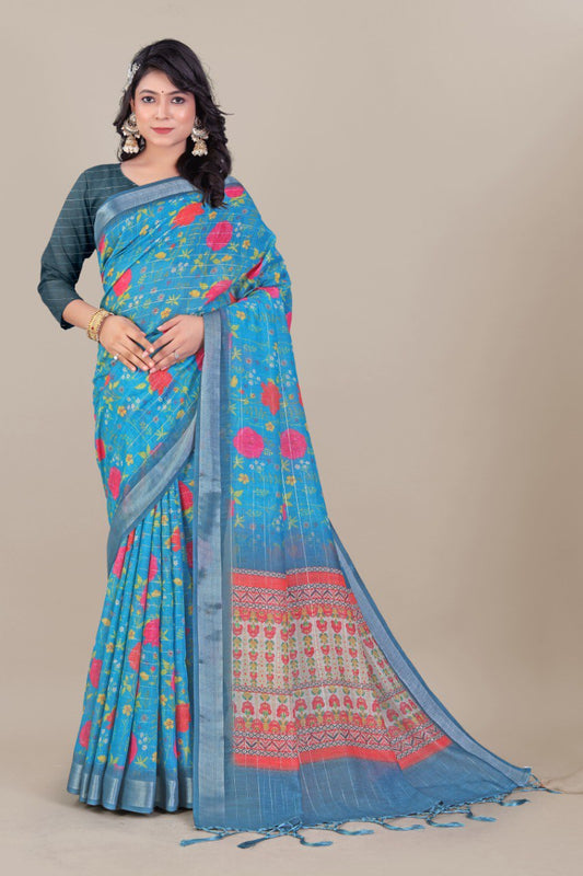 Elegant Teal Linen Saree with Silver Zari and Floral Pallu