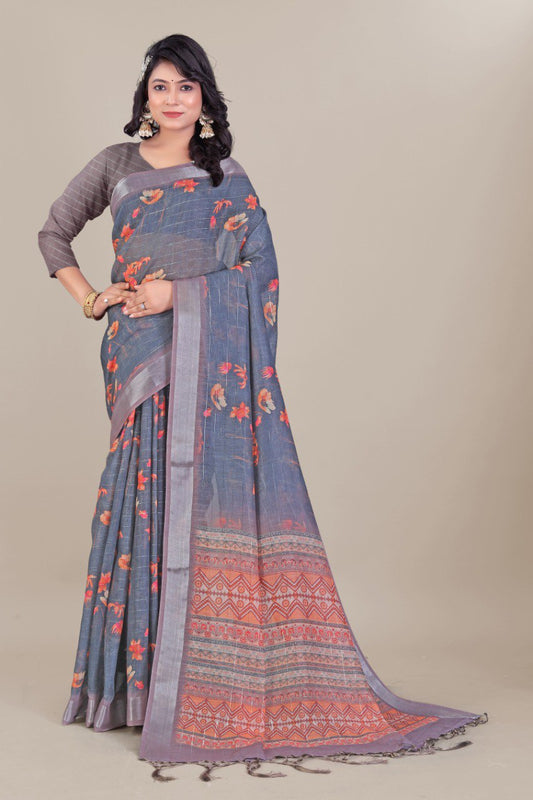 Grey linen saree with floral prints and red woven border – traditional Indian ethnic wear.