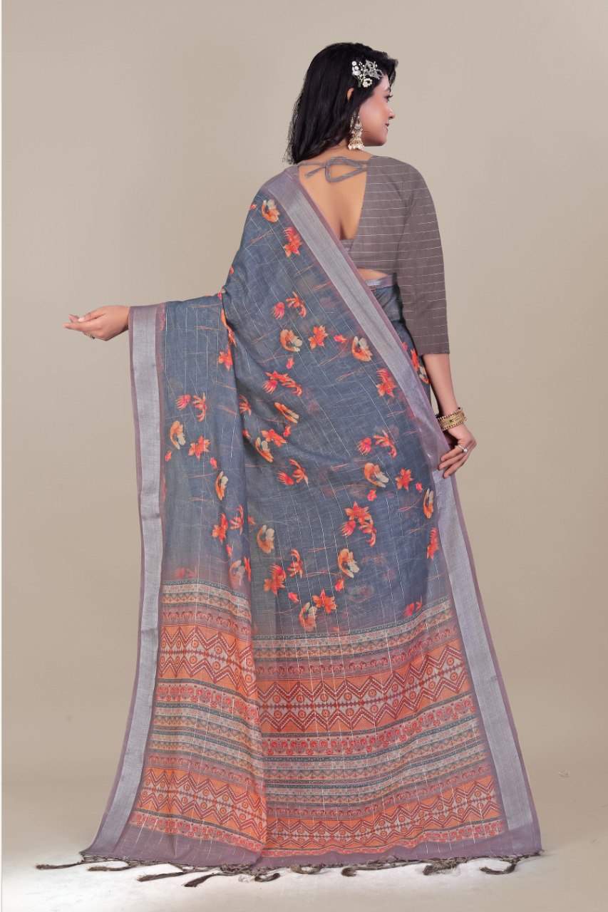Grey linen saree with floral prints and red woven border – traditional Indian ethnic wear.