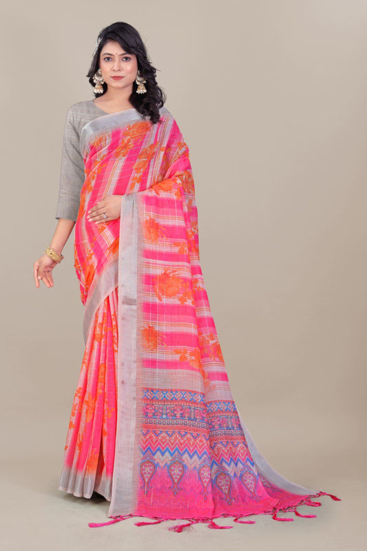 Pink linen saree with silver zari border and floral stripes