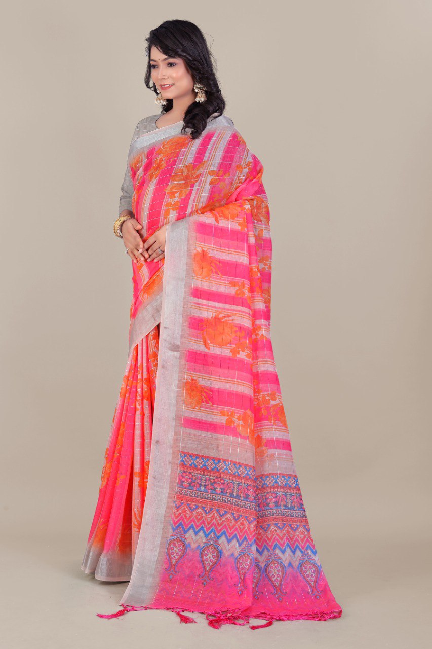 Pink linen saree with silver zari border and floral stripes
