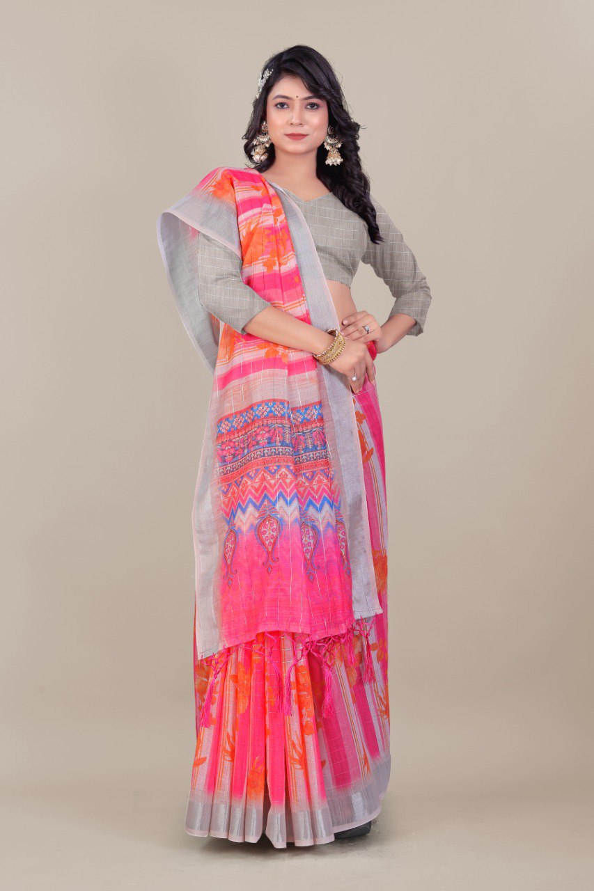 Pink linen saree with silver zari border and floral stripes