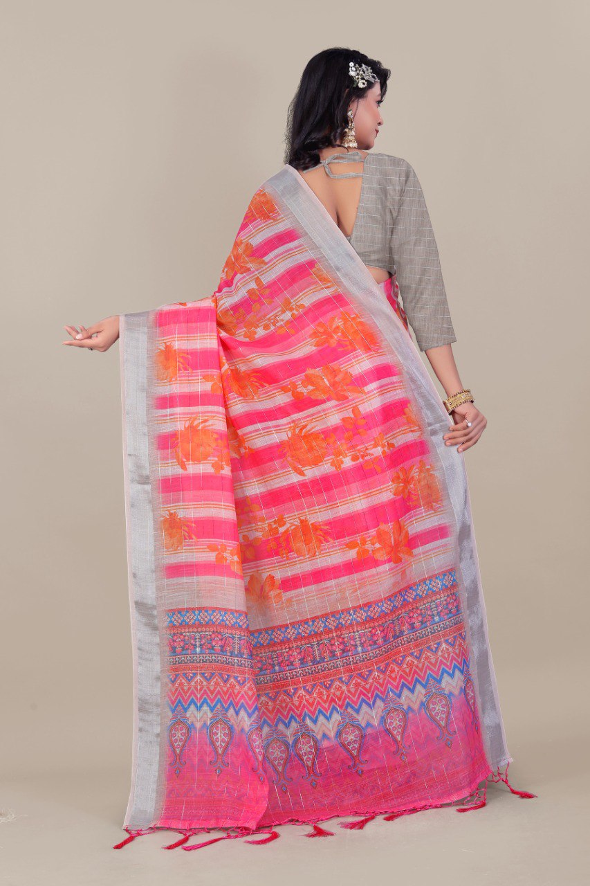 Pink linen saree with silver zari border and floral stripes
