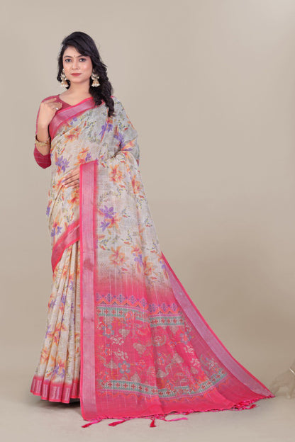 Beige Linen Saree with Zari Floral Print & Border