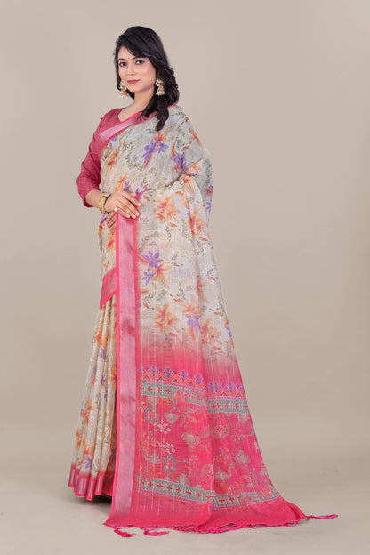 Beige Linen Saree with Zari Floral Print & Border