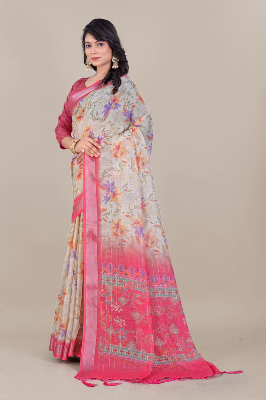 Beige Linen Saree with Zari Floral Print & Border