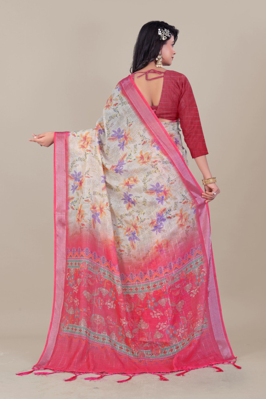Beige Linen Saree with Zari Floral Print & Border