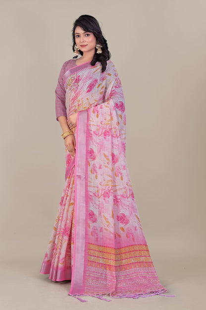 Pink Floral Linen Saree on Mannequin with Zari Border