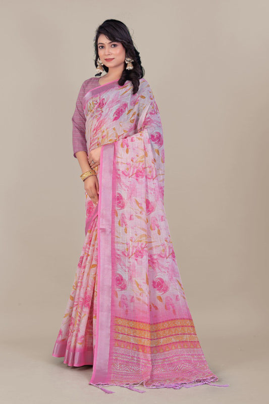 Pink Floral Linen Saree on Mannequin with Zari Border