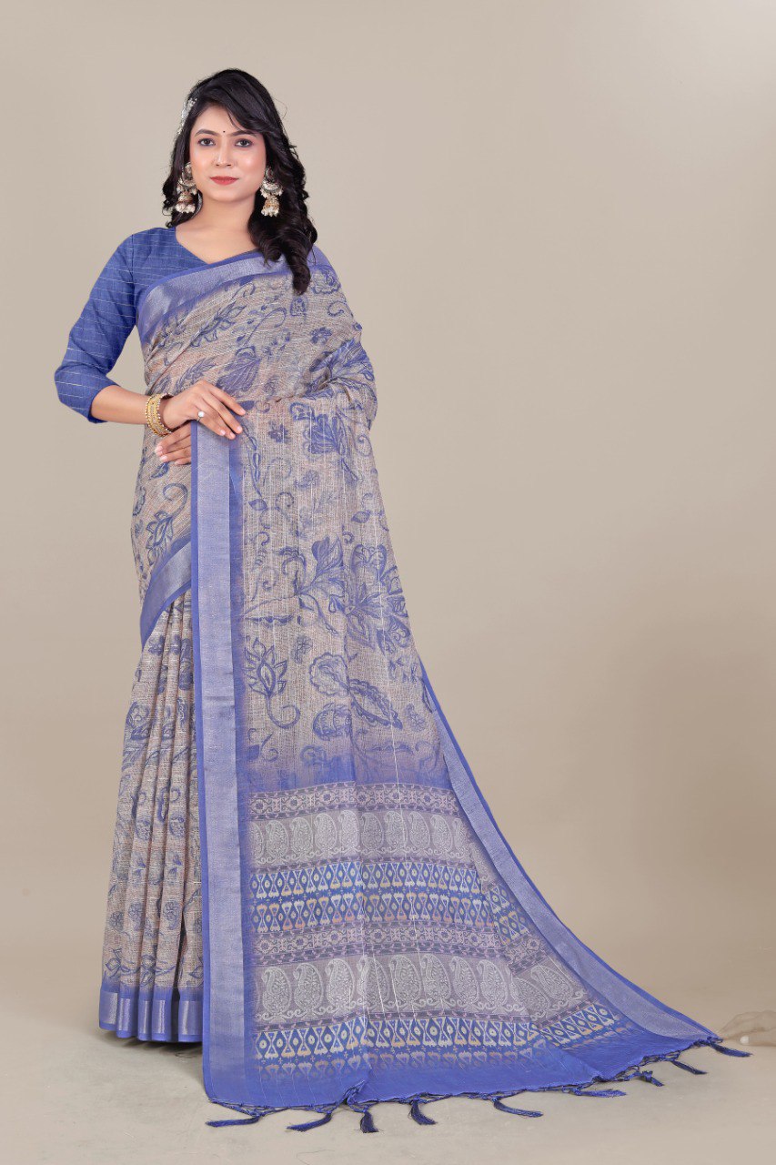 Blue Linen Saree with Floral & Paisley Design and Zari Border