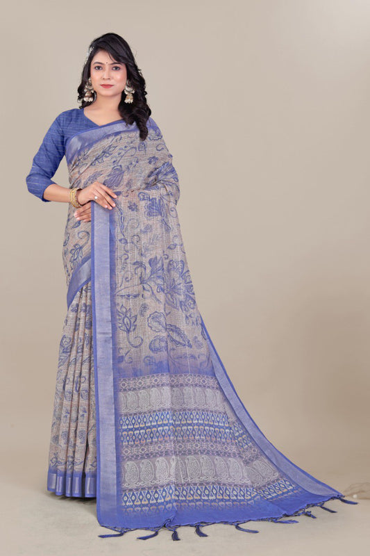 Blue Linen Saree with Floral & Paisley Design and Zari Border