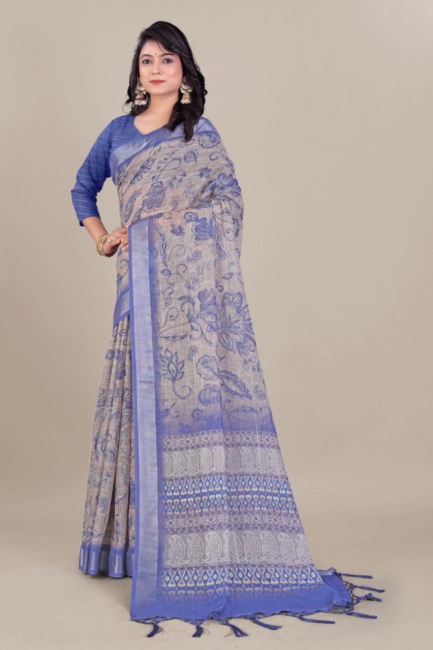 Blue Linen Saree with Floral & Paisley Design and Zari Border