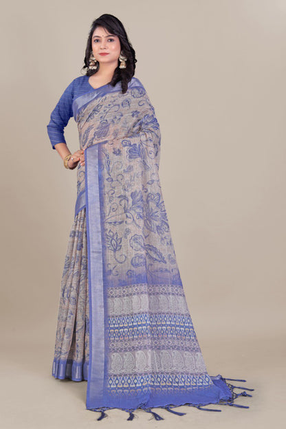 Blue Linen Saree with Floral & Paisley Design and Zari Border