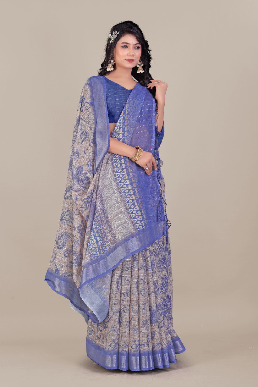 Blue Linen Saree with Floral & Paisley Design and Zari Border