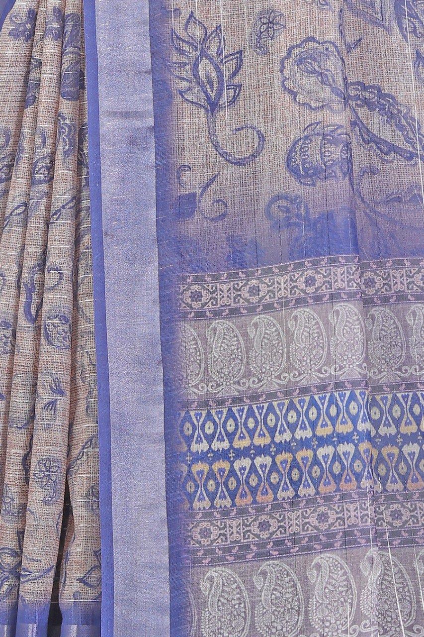Blue Linen Saree with Floral & Paisley Design and Zari Border