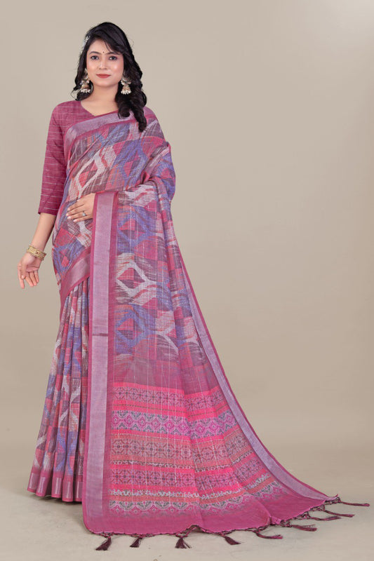 Elegant pink and purple linen saree with ikat design and tassel border