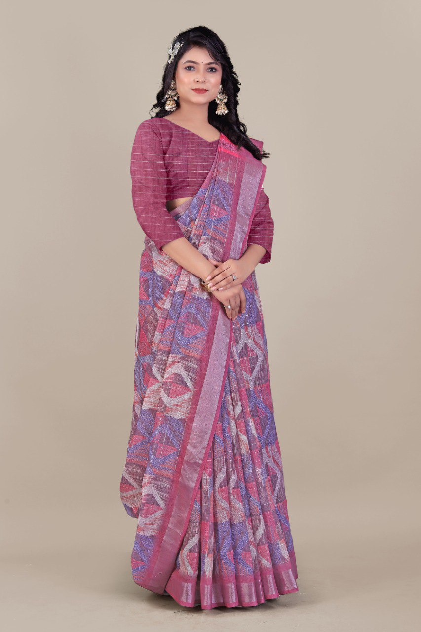 Elegant pink and purple linen saree with ikat design and tassel border