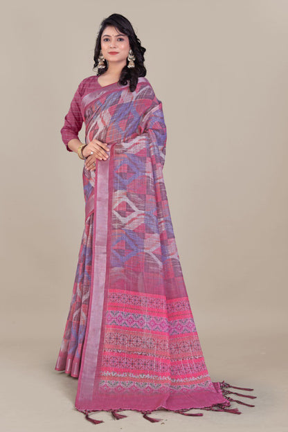 Elegant pink and purple linen saree with ikat design and tassel border