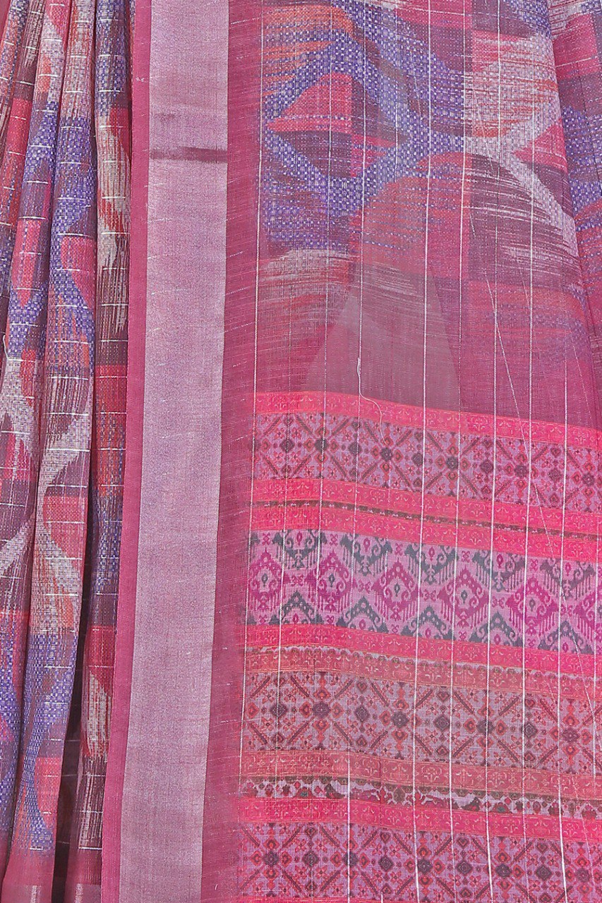 Elegant pink and purple linen saree with ikat design and tassel border