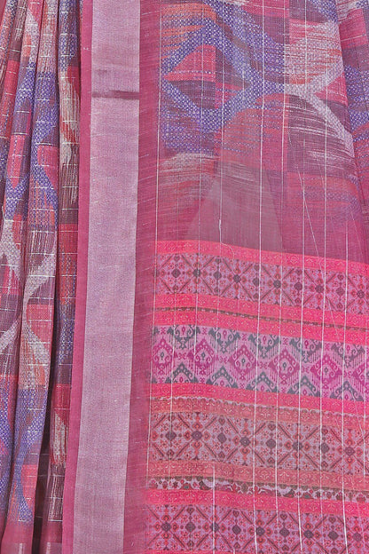 Elegant pink and purple linen saree with ikat design and tassel border