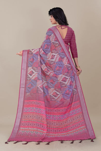 Elegant pink and purple linen saree with ikat design and tassel border