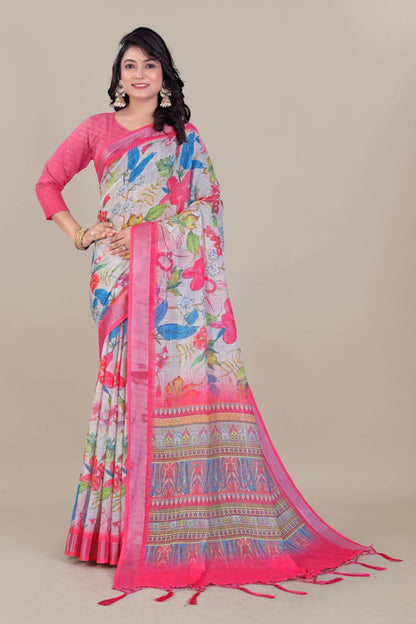 Pink floral linen saree with vibrant multicolor designer pallu