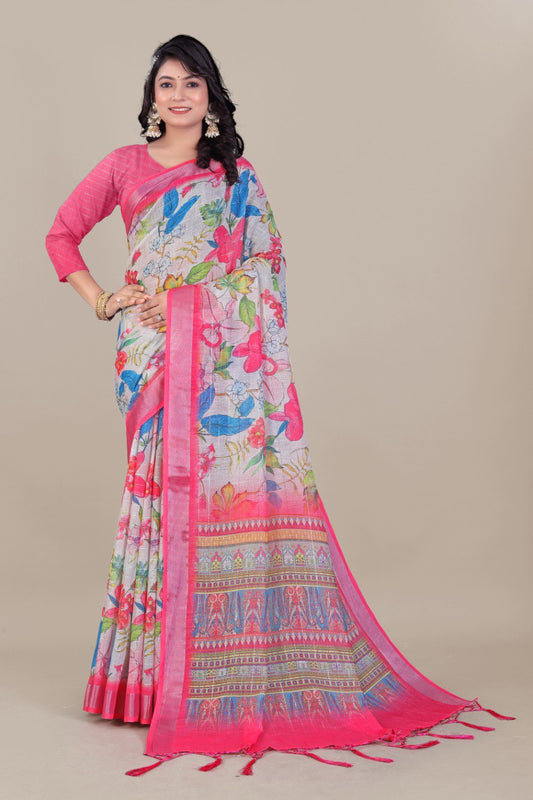 Pink floral linen saree with vibrant multicolor designer pallu