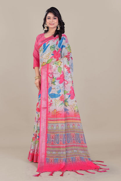 Pink floral linen saree with vibrant multicolor designer pallu