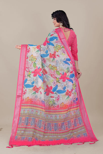 Pink floral linen saree with vibrant multicolor designer pallu