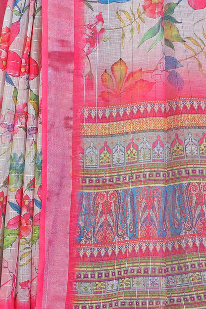 Pink floral linen saree with vibrant multicolor designer pallu