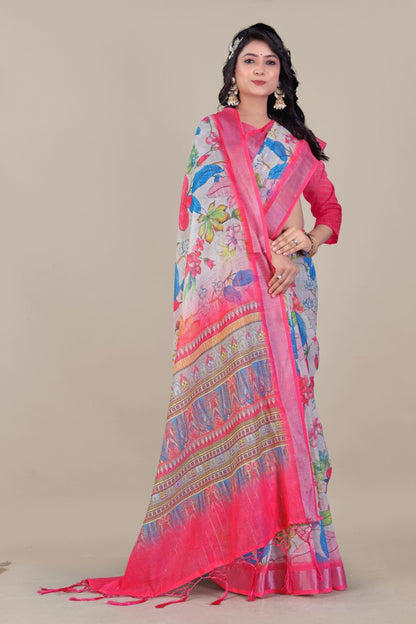 Pink floral linen saree with vibrant multicolor designer pallu