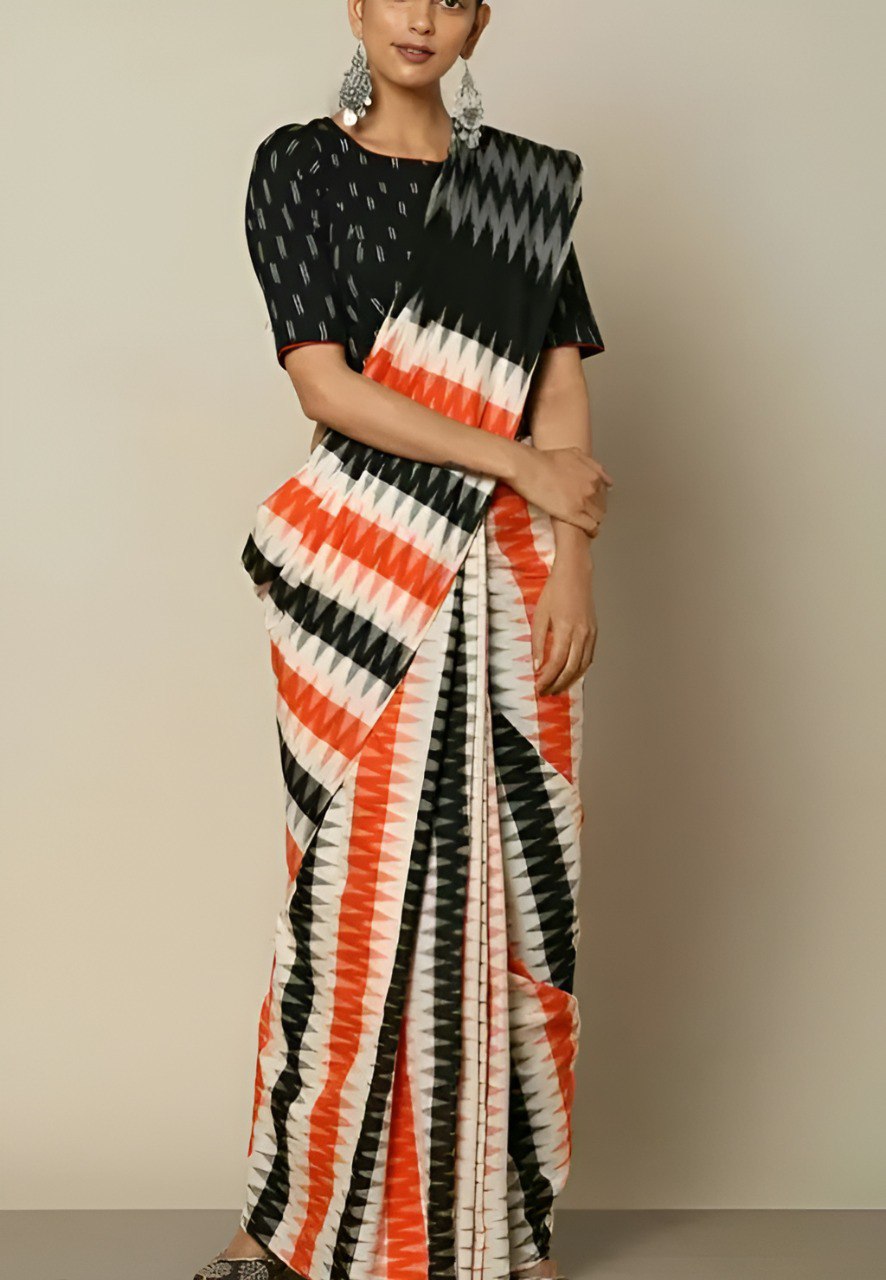 Woman wearing elegant multicolor zigzag printed pure linen cotton saree