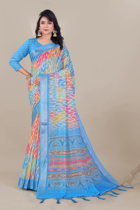 Blue pure linen cotton saree with multicolor print and silver lurex border