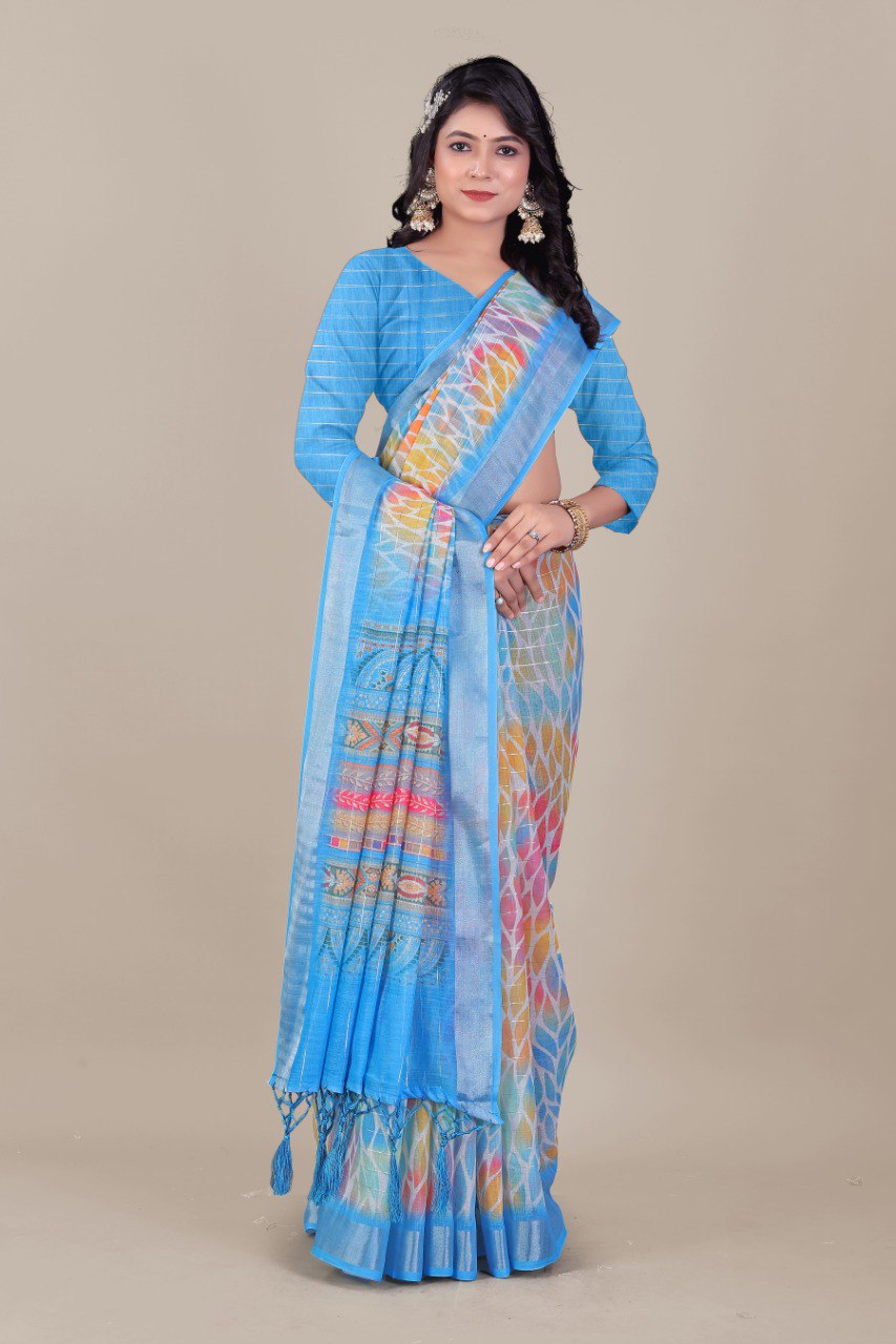 Blue pure linen cotton saree with multicolor print and silver lurex border