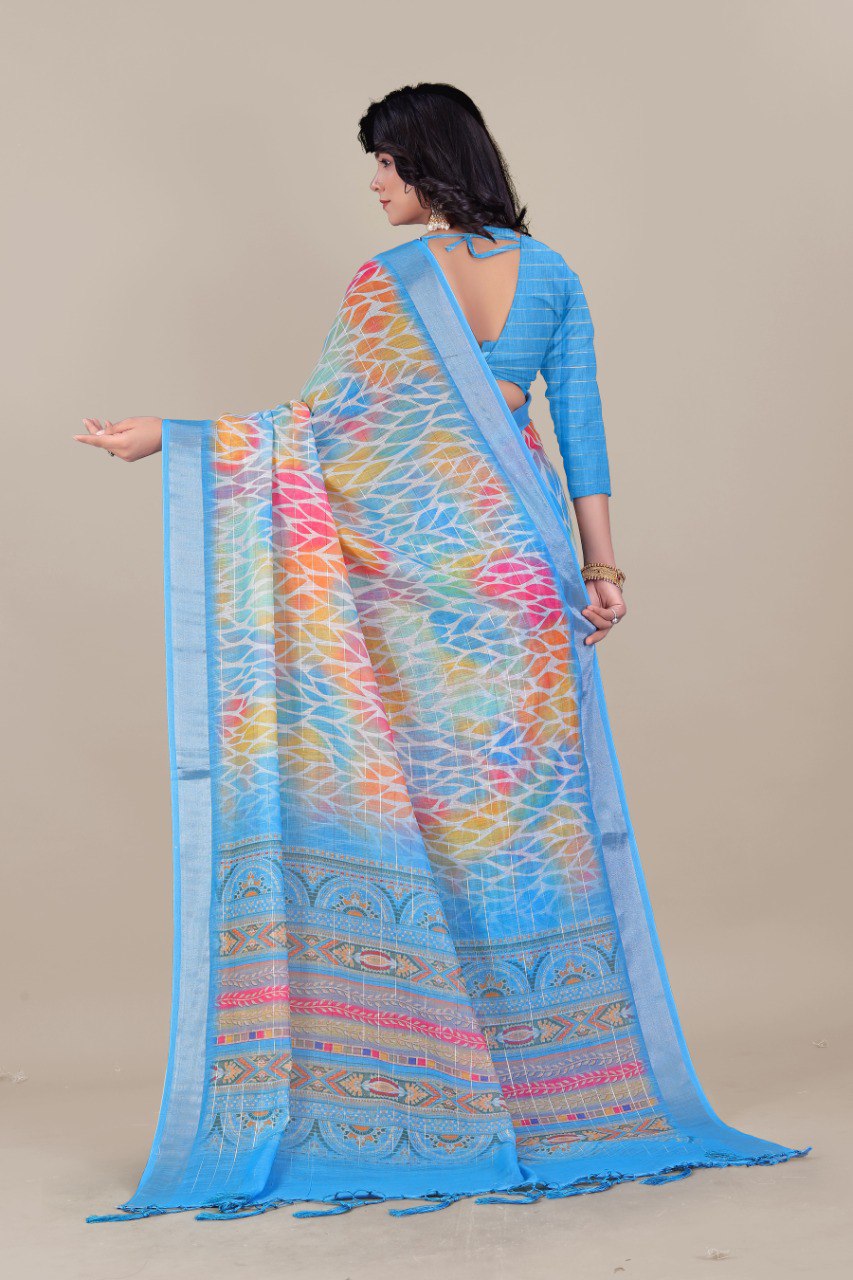 Blue pure linen cotton saree with multicolor print and silver lurex border
