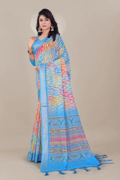 Blue pure linen cotton saree with multicolor print and silver lurex border