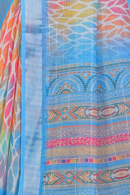 Blue pure linen cotton saree with multicolor print and silver lurex border