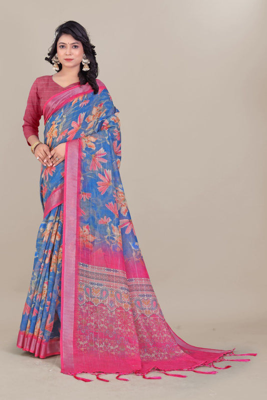 Woman wearing blue floral printed linen cotton saree with pink silver zari border