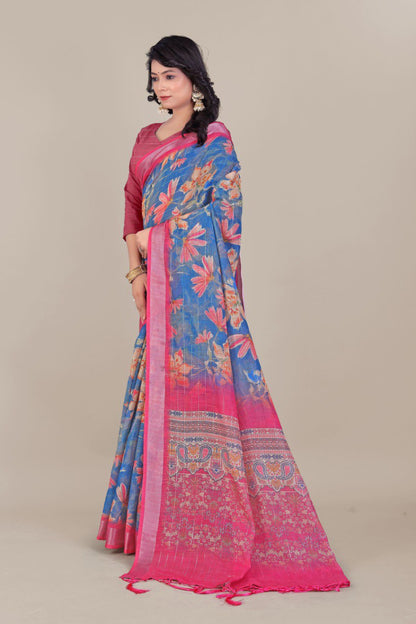 Woman wearing blue floral printed linen cotton saree with pink silver zari border