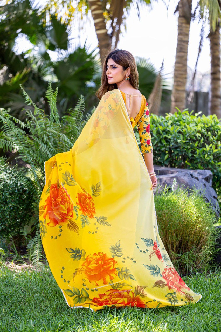 Yellow soft georgette saree with red and orange floral print
