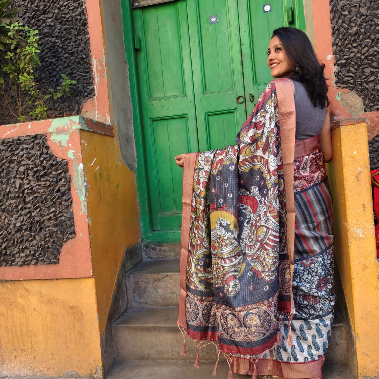 Multicolor Mysore Silk Saree with Pure Zari Checks & Kalamkari Patchwork