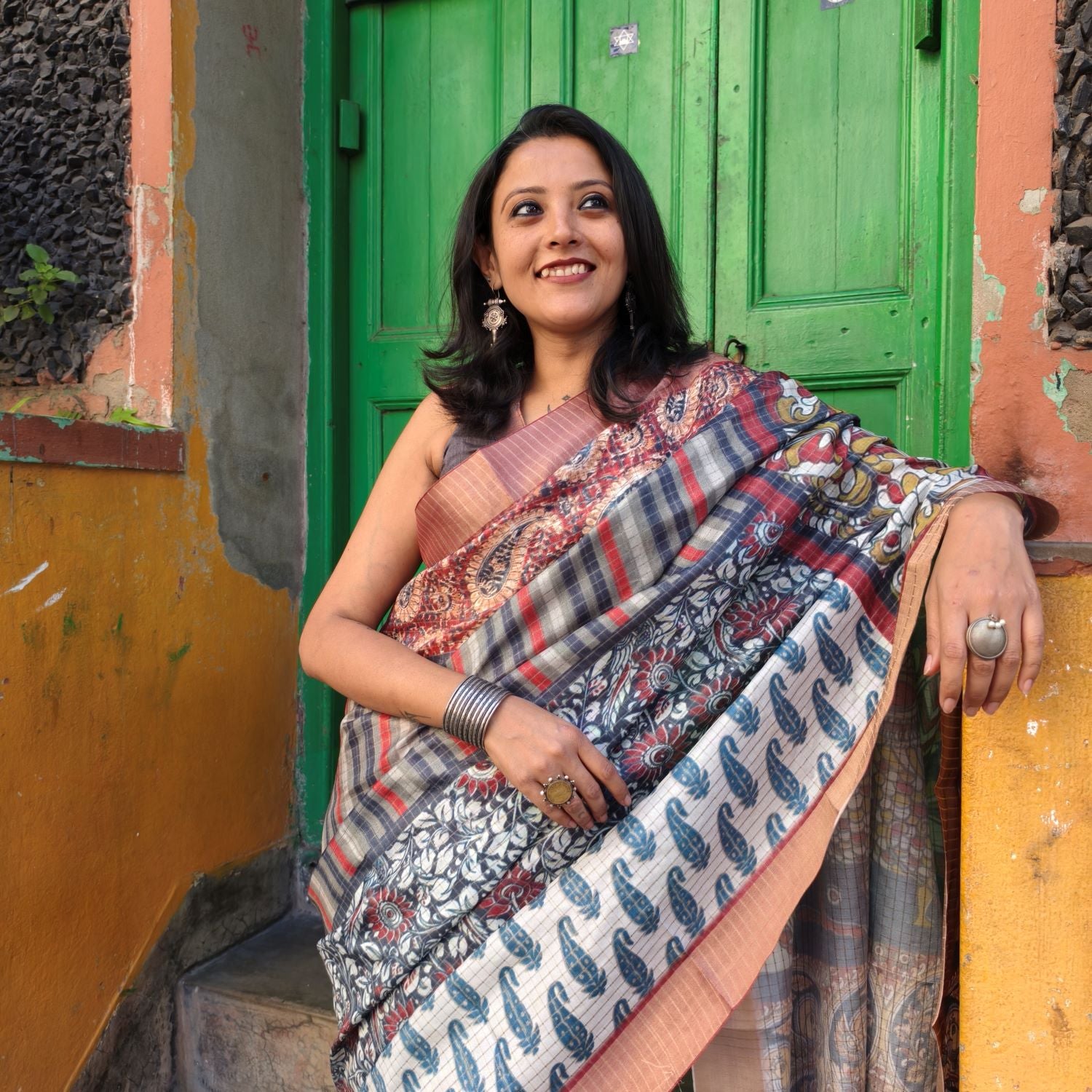 Multicolor Mysore Silk Saree with Pure Zari Checks & Kalamkari Patchwork