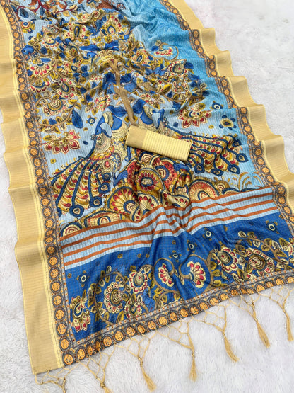 Traditional Blue Mysore Silk Saree with Zari Border and Checks